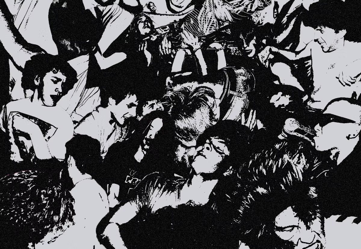 Black-and-white photocopied collage of a packed, moshing gig crowd